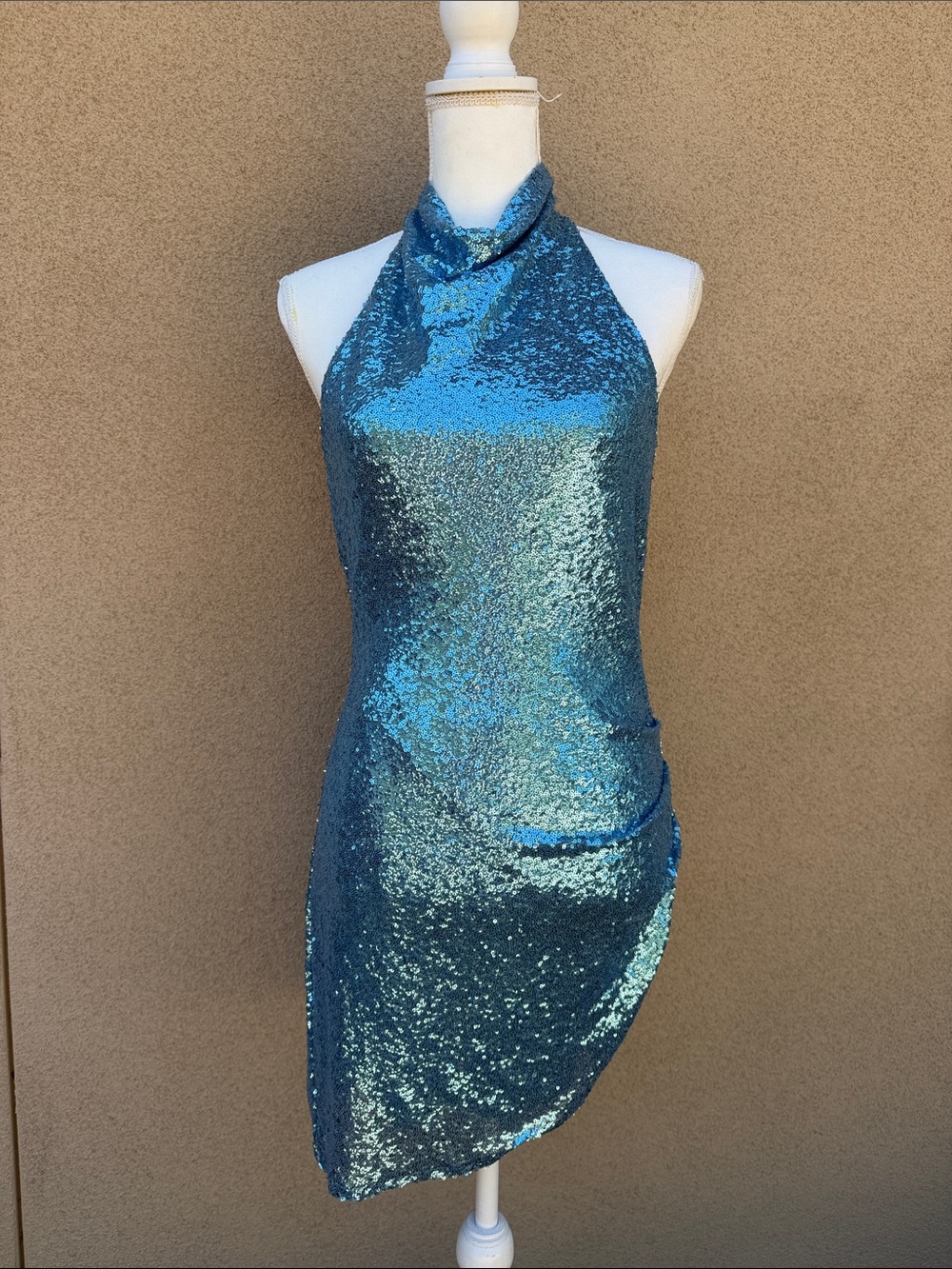 Never worn! High neck sequin blue asymmetrical dress